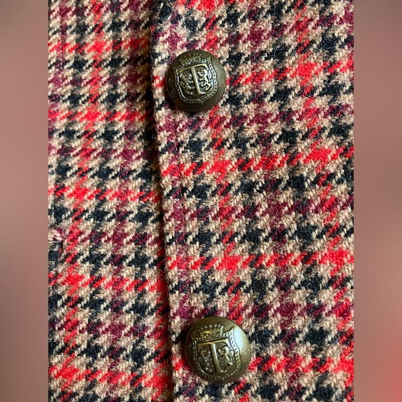Red Houndstooth Blazer Wool Blend Crest Buttons Fully Lined Size 4 Talbots - Picture 3 of 10